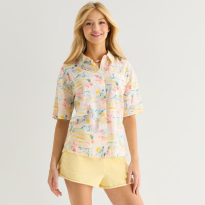 Arizona Womens Juniors Short Sleeve Regular Fit Button-Down Shirt