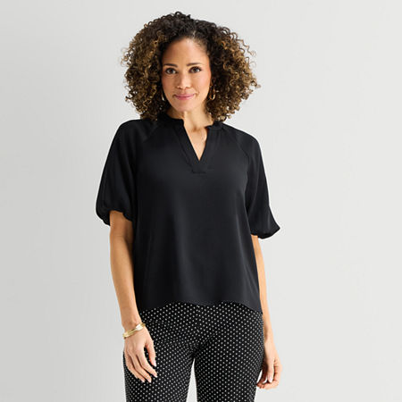 Liz Claiborne Womens Split Crew Neck Short Sleeve Satin Blouse