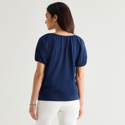 St. John's Bay Womens Split Tie Neck Short Sleeve Blouse