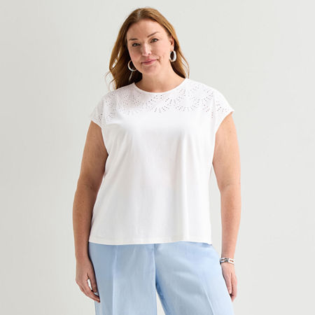 Liz Claiborne Womens Plus Crew Neck Short Sleeve Embellished Blouse