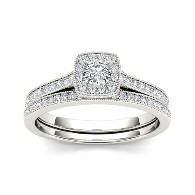 1/2 CT.T.W. Natural Diamond 10K White Gold Halo Bridal Ring Set