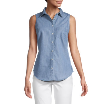 St. John's Bay Womens Sleeveless Regular Fit Button-Down Shirt