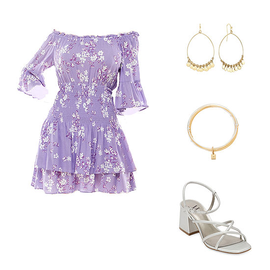 Off-the-Shoulder Floral Dress, Worthington Bangle Bracelet & Bipsy Heeled Sandals