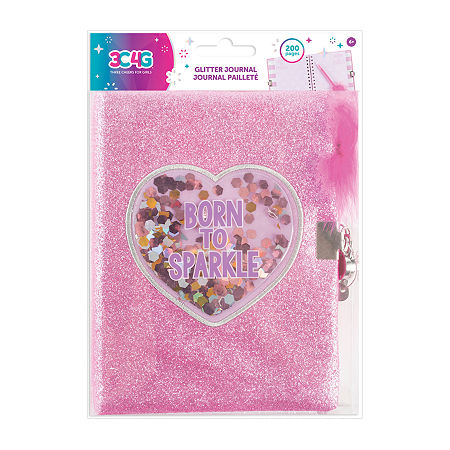 Three Cheers For Girls Born To Sparkle Glitter Locking Journal With Matching Pom Pen, One Size, Multiple Colors