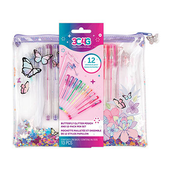 Three Cheers For Girls Butterfly Glitter Pouch & 12 Pack Pen Set 12-pc.  Kids Craft Kit