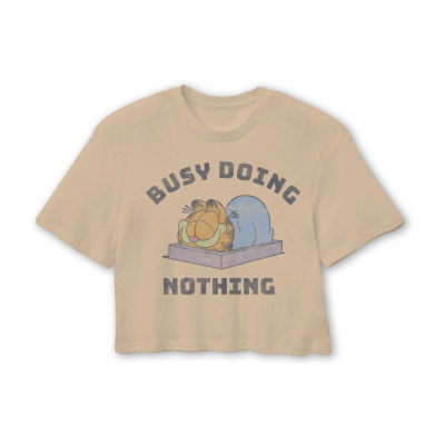 Busy Doing Nothing Graphic Womens Crew Neck Short Sleeve Garfield Crop Top Juniors