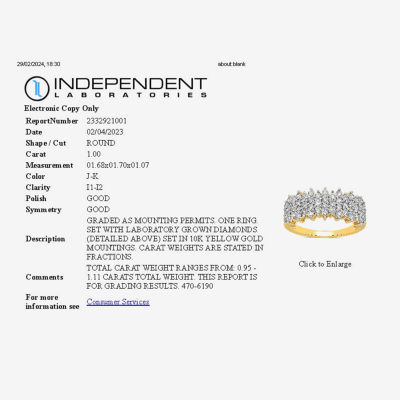 (J-K / I1-I2) 1 CT.T.W. Lab-Grown Diamond 10K Gold Cluster Band