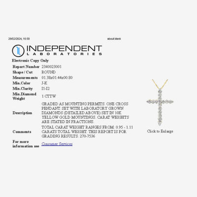 Womens 1 CT.T.W. Lab-Grown Diamond 10K Gold Cross Pendant Necklace