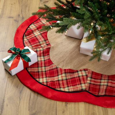 48'' Burlap and Red Plaid Christmas Tree Skirt with Scalloped Border