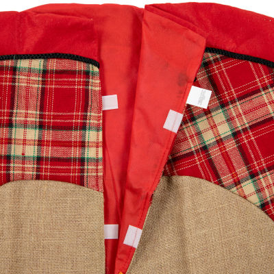 48'' Burlap and Red Plaid Christmas Tree Skirt with Scalloped Border