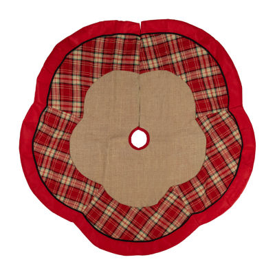 48'' Burlap and Red Plaid Christmas Tree Skirt with Scalloped Border