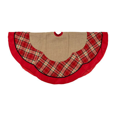 48'' Burlap and Red Plaid Christmas Tree Skirt with Scalloped Border
