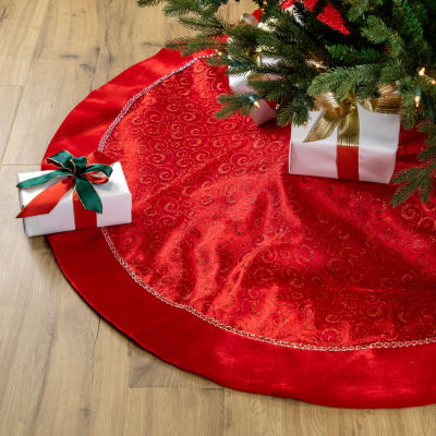 48'' Red Glittered Swirl Sheer Organza Christmas Tree Skirt with Velvet Trim