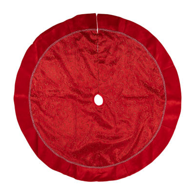 48'' Red Glittered Swirl Sheer Organza Christmas Tree Skirt with Velvet Trim