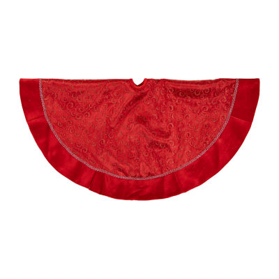 48'' Red Glittered Swirl Sheer Organza Christmas Tree Skirt with Velvet Trim