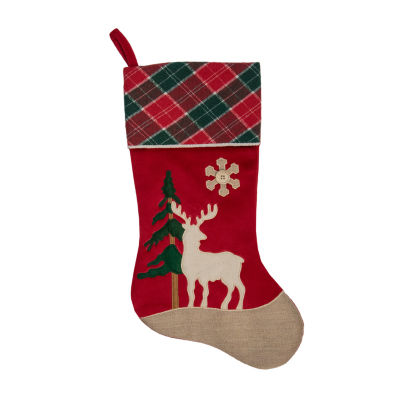 Northlight 20.5-Inch Red And Green Plaid With A Pine Tree And Moose Christmas Stocking