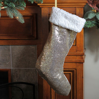 Northlight 18in Gold Paillette Sequins  With Sherpa Cuff Christmas Stocking