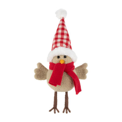 10'' Beige Standing Bird with Red Scarf and Plaid Hat Christmas Figure