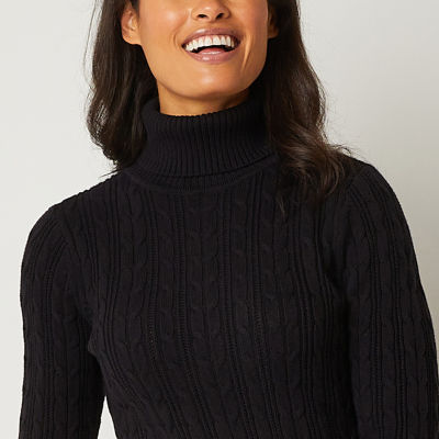 St. John's Bay Womens Turtleneck Long Sleeve Cable Knit Pullover Sweater