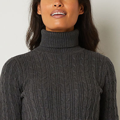 St. John's Bay Womens Turtleneck Long Sleeve Cable Knit Pullover Sweater
