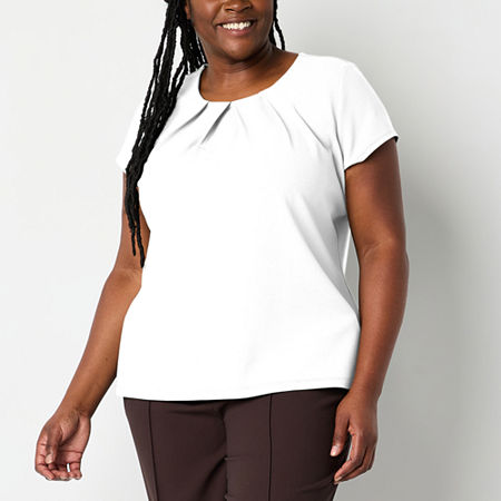 Liz Claiborne Plus Texture Tee Womens Round Neck Short Sleeve Blouse, 3x, White