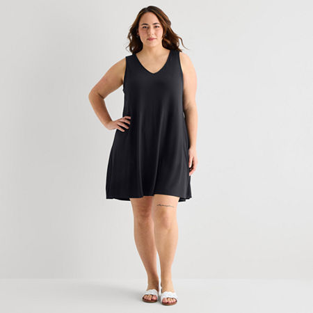 St. John's Bay Womens Plus Sleeveless Floral A-line Dress In Black