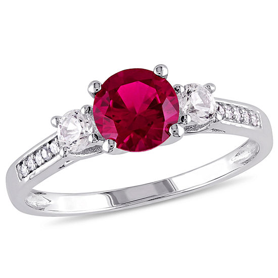 Womens Diamond Accent Lab Created Red Ruby 10K White Gold Side Stone Cocktail Ring