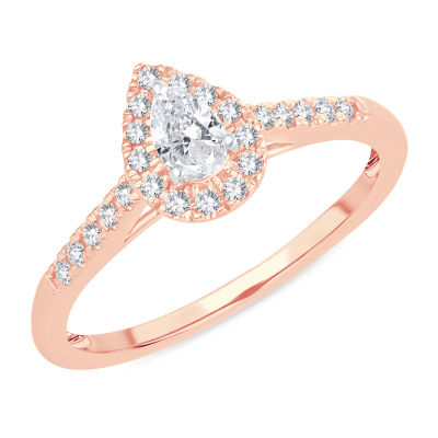 Womens 1/3 CT. T.W. Natural White Diamond 10K Rose Gold Pear Side Stone Halo Engagement Ring