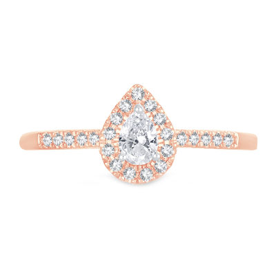 Womens 1/3 CT. T.W. Natural White Diamond 10K Rose Gold Pear Side Stone Halo Engagement Ring