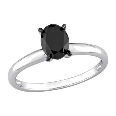 Midnight Black Womens 1 CT. Natural Diamond 14K White Gold Oval Solitaire Engagement Ring