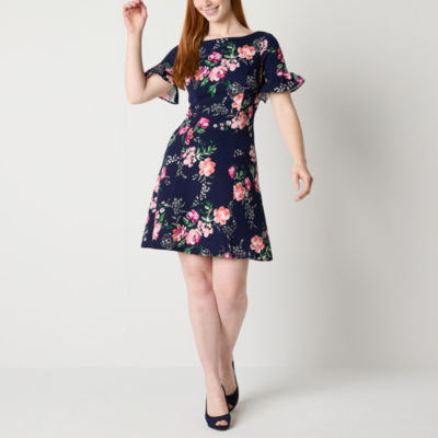 Jessica Howard Short Sleeve Floral Puff Print Fit + Flare Dress
