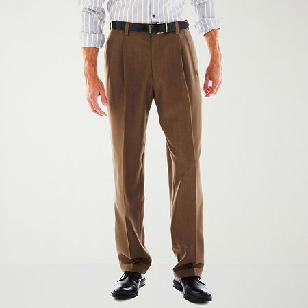 Haggar eCLo Stria Classic Fit Pleated Dress Pants, 36 32, Beige