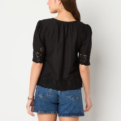 a.n.a Eyelet Womens V Neck Short Sleeve Blouse