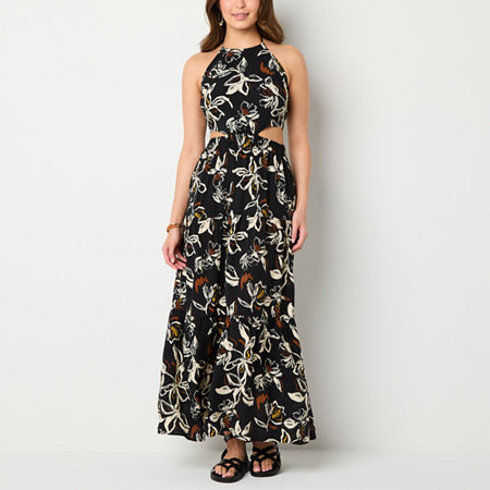 a.n.a Cutout Womens Sleeveless Floral Maxi Dress, Large, Black
