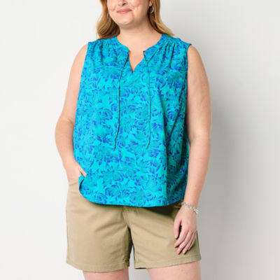 St. John's Bay Womens Plus Split Tie Neck Sleeveless Blouse
