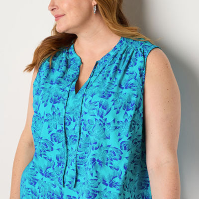 St. John's Bay Womens Plus Split Tie Neck Sleeveless Blouse