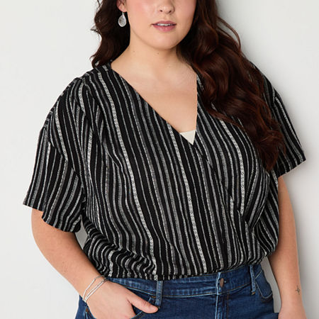 a.n.a Womens V Neck Short Sleeve Wrap Shirt Plus, 2x, Black