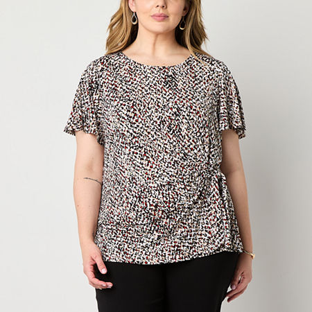 Liz Claiborne Plus Womens Round Neck Short Sleeve Blouse, 0x, Beige