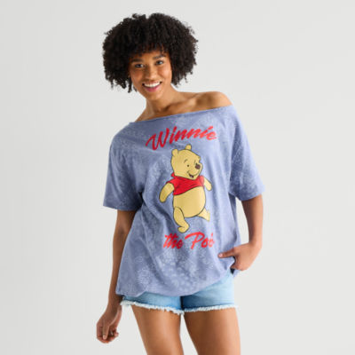 Grayson Threads, The Label Womens Juniors Asymmetrical Neck Short Sleeve Oversized Winnie The Pooh Graphic T-Shirt