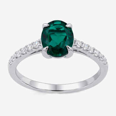 (I/I2) Womens 1/4 CT. T.W. Lab Created Green Emerald Sterling Silver Oval Side Stone Cocktail Ring