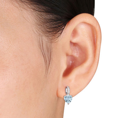 Diamond Accent Genuine Blue Aquamarine Sterling Silver 13mm Heart Stud Earrings