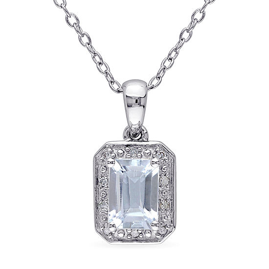 Womens Diamond Accent Genuine Blue Aquamarine Sterling Silver Pendant Necklace