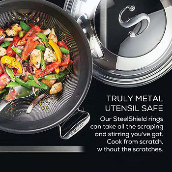Circulon Clad Stainless Steel Wok/Stir Fry with Glass Lid and Hybrid  SteelShield and Nonstick Technology, 14 Inch - Silver