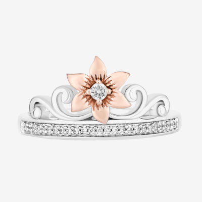 Enchanted Disney Fine Jewelry Womens 1/10 CT. T.W. Mined White Diamond 14K Rose Gold Over Silver Crown Rapunzel Cocktail Ring