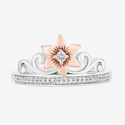 Enchanted Disney Fine Jewelry Womens 1/10 CT. T.W. Natural White Diamond 14K Rose Gold Over Silver Crown Rapunzel Cocktail Ring