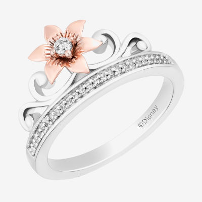 Enchanted Disney Fine Jewelry Womens 1/10 CT. T.W. Natural White Diamond 14K Rose Gold Over Silver Crown Rapunzel Cocktail Ring