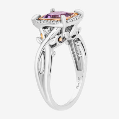 Enchanted Disney Fine Jewelry Womens 1/10 CT. T.W. Genuine Purple Amethyst 14K Rose Gold Over Silver Cushion Rapunzel Halo Cocktail Ring