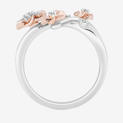 Enchanted Disney Fine Jewelry Womens 1/10 CT. T.W. Natural White Diamond 14K Rose Gold Over Silver Flower Mulan Cocktail Ring