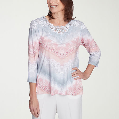 Alfred Dunner Estate Of Mind Womens Round Neck 3/4 Sleeve T-Shirt, Large, Pink