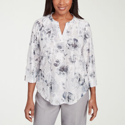 Alfred Dunner Estate Of Mind Womens Split Crew Neck 3/4 Sleeve T-Shirt